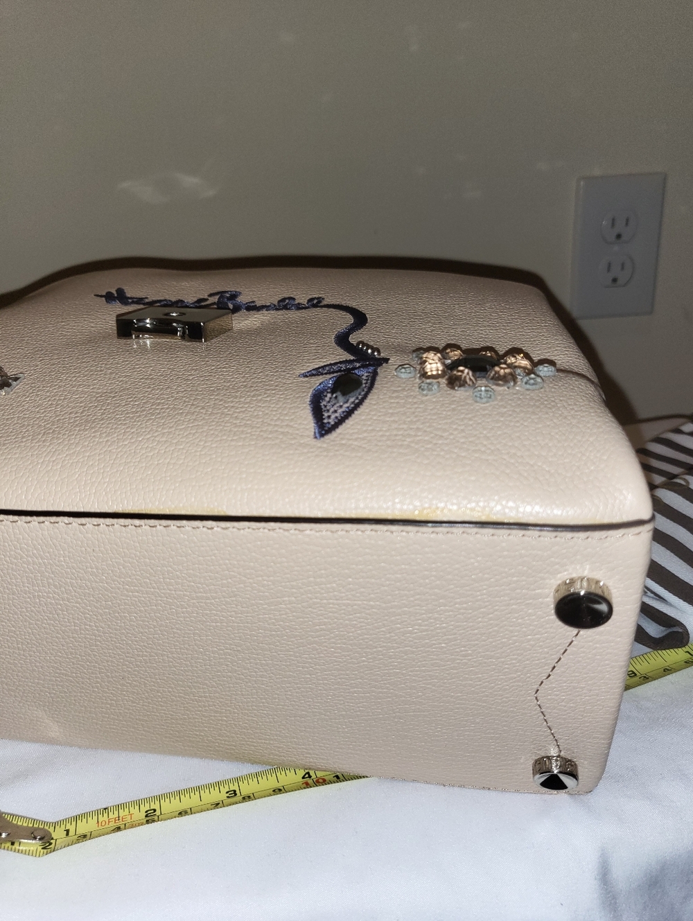 henri bendel Beige Satchel with Blue Floral Embroidery & Crystal Accents - Picture 9 of 10
